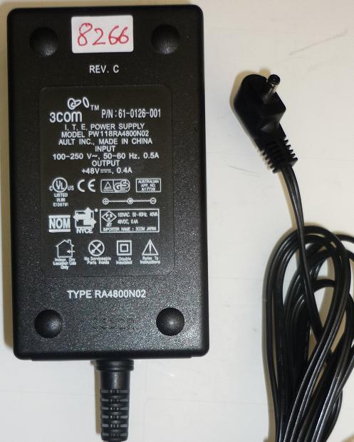 3COM AULT PW118RA4800N02 AC ADAPTER 48VDC 0.4A USED +(-) 0.7x3.5