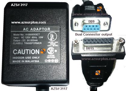410906003CT AC Adapter 9Vdc 600mA DB9 & RJ11 Dual Connector