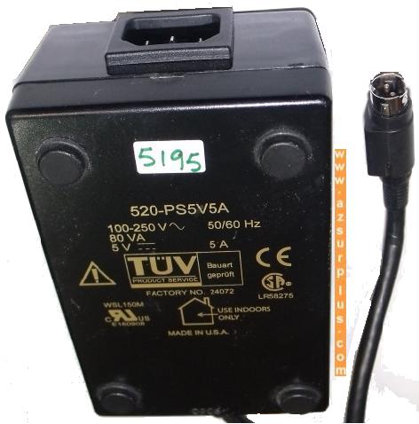 520-PS5V5A AC ADAPTER 5VDC 5A USED 3Pin 10mm MINI DIN MEDICAL PO