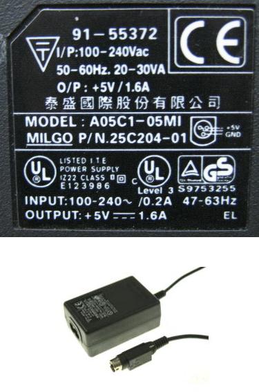 A05C1-05MI AC ADAPTER +5V 1.6A USED 3-DIN PIN CONNECTOR