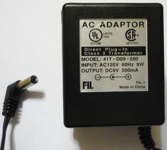 41T-D09-500 AC ADAPTER 9VDC 500mA 9W POWER SUPPLY