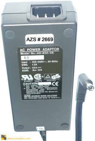 APS AD-850-06 AC ADAPTER 12VDC 5A -(+)- 2.5x5.5mm 100-240Vac 50W