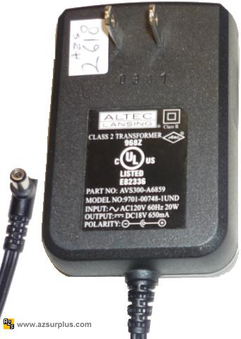 Altec Lansing 9701-00748-1UND AC Adapter 18VDC 650mA 20W AVS300-