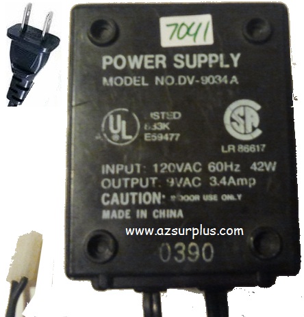 DV-9034 A AC ADAPTER 9VAC 3.4Amp Used 3 Pin Molex Power Supply 1