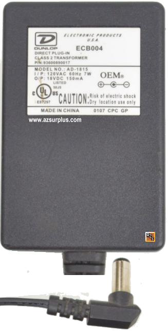 Dunlop AD-1815 ECB004 AC Adapter 18Vdc 150mA +(-)+ 2x5.5mm 90 Po