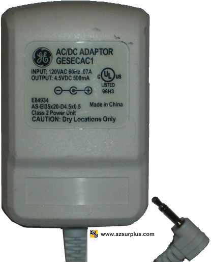 GE GESECAC1 AC ADAPTER 4.5VDC 500mA USED -(+) MONO STEREO POWER