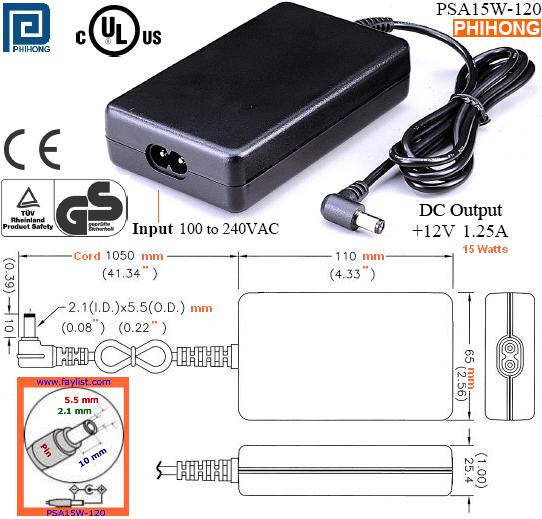 PHIHONG PSA15W-120 AC ADAPTER 12VDC 1.25A 91-59026 Power Supply