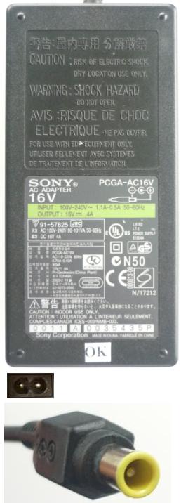 SONY PCGA-AC16V AC ADAPTER 19.5VDC 4A Used -(+) 4x6mm Tip 100-24