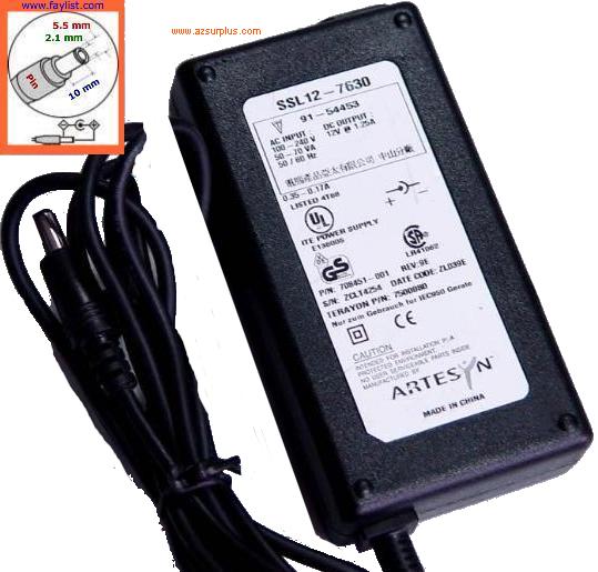 ARTESYN SSL12-7630 AC ADAPTER 12VDC 1.25A -(+) 2x5.5mm used 91-5