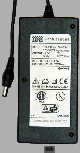 ASTEC SA65-3105 AC Adapter 19vDC 3.42A -(+) 2x5.5mm 100-240vac 6