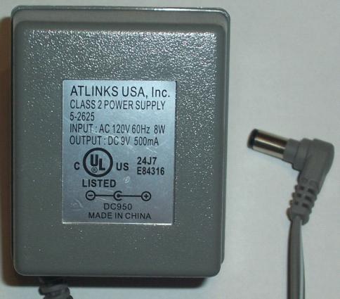 ATLINKS 5-2625 AC ADAPTER 9VDC 500MA POWER SUPPLY