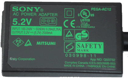 Sony CLIE PEGA-AC12 AC ADAPTER 5.2V DC 2A PDA POWER SUPPLY for P